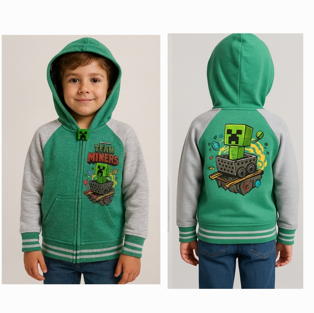 Minecraft Creeper Hoodie Boys S 6/7 Team Miners Graphic Zip Up Gamer Streetwear